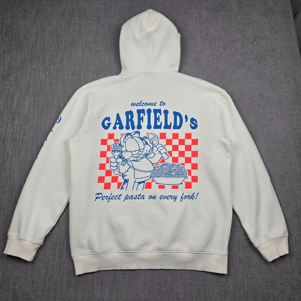 H&M Garfield Mens Medium Off White Hoodie Graphic Sweatshirt Pasta Sleeve Print